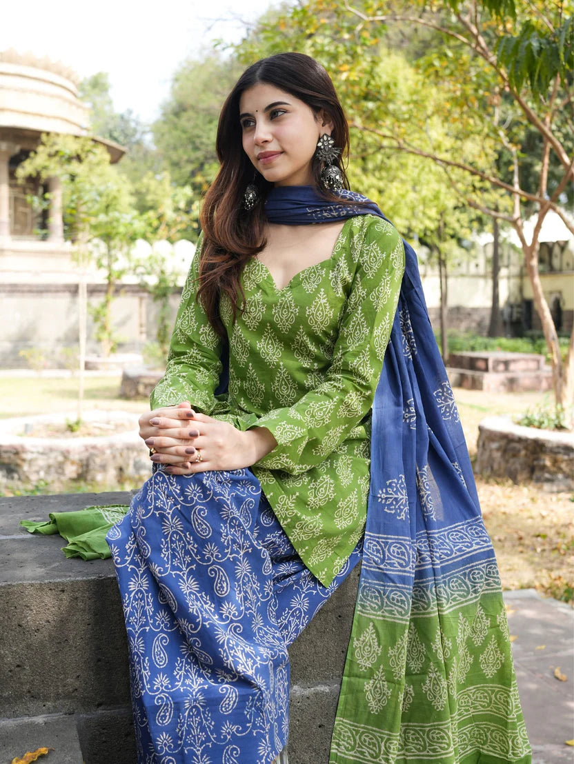 Suhani Green Blue Cotton Farshi Salwar Set