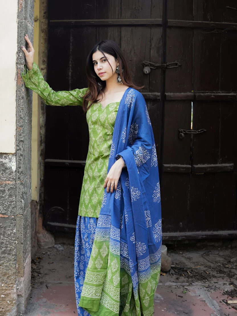 Suhani Green Blue Cotton Farshi Salwar Set