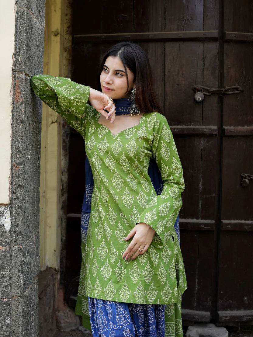 Suhani Green Blue Cotton Farshi Salwar Set