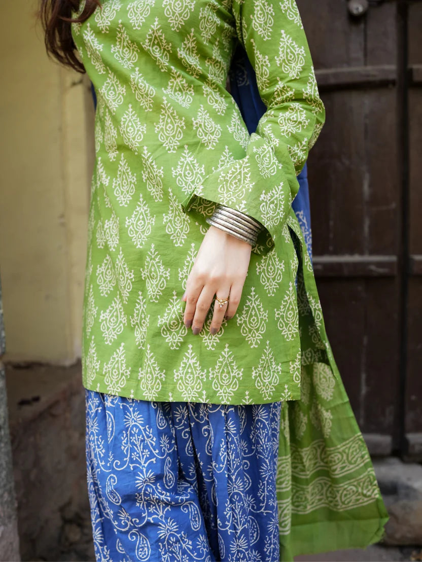 Suhani Green Blue Cotton Farshi Salwar Set