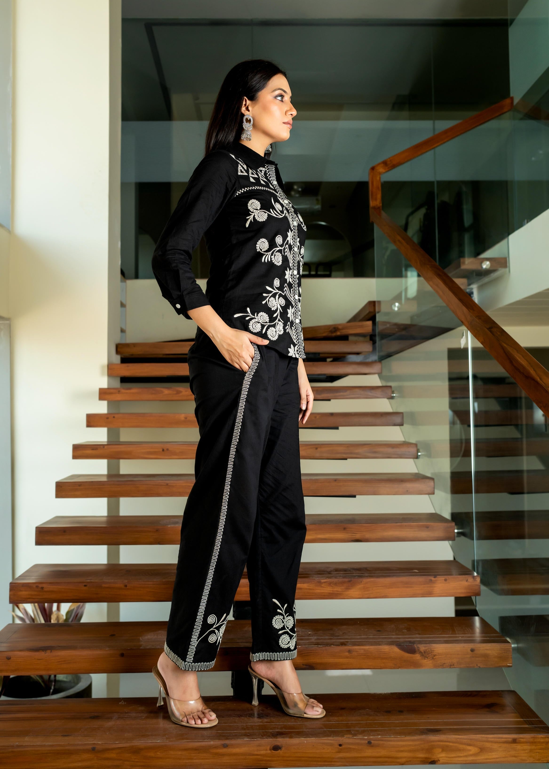 Black Floral & Geometric Embroidered Cotton Co-ord Set