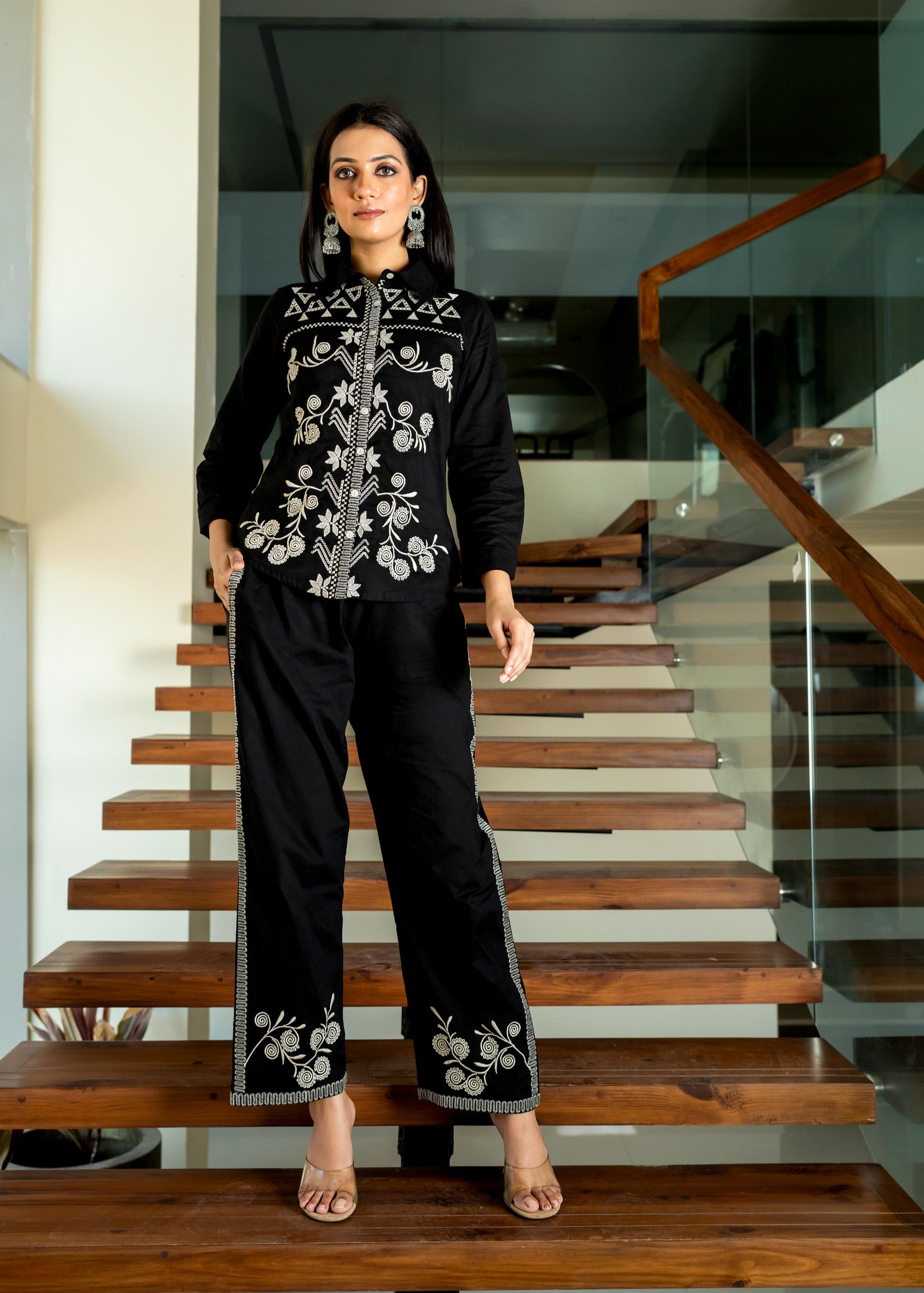 Black Floral & Geometric Embroidered Cotton Co-ord Set
