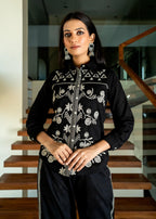 Black Floral & Geometric Embroidered Cotton Co-ord Set