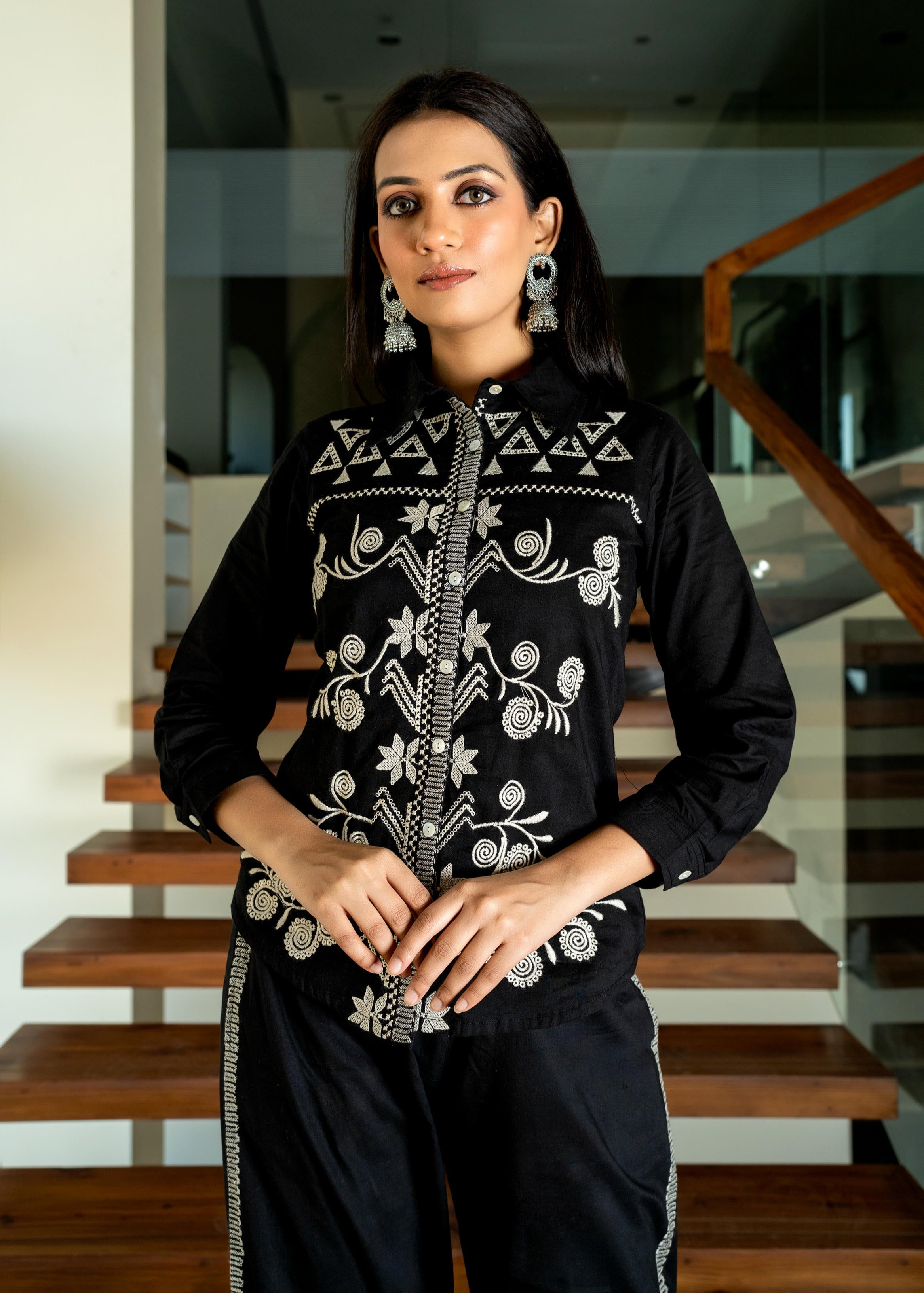 Black Floral & Geometric Embroidered Cotton Co-ord Set