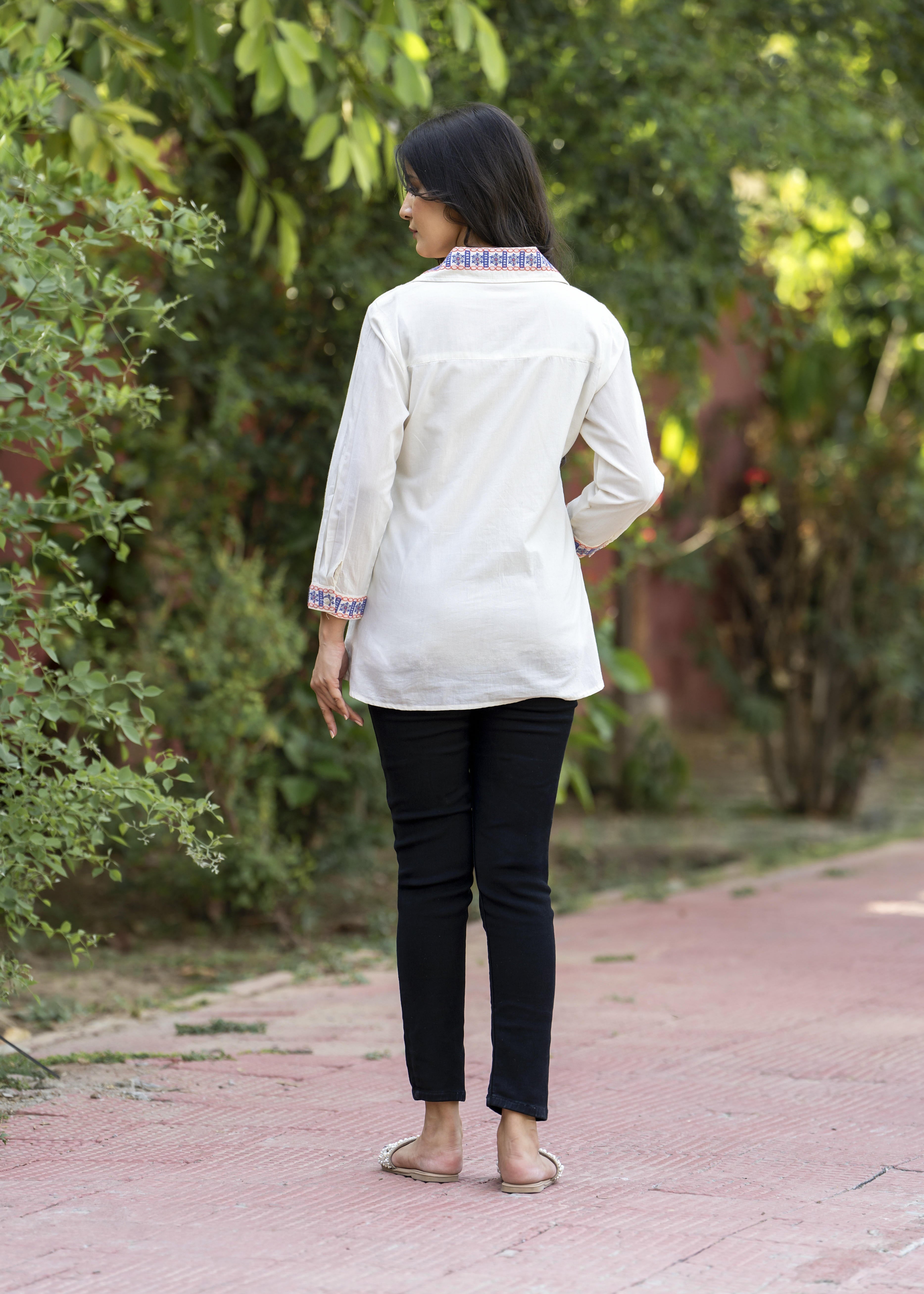 Garden Whispers Multicolor Embroidered White Pure Cotton Shirt Top