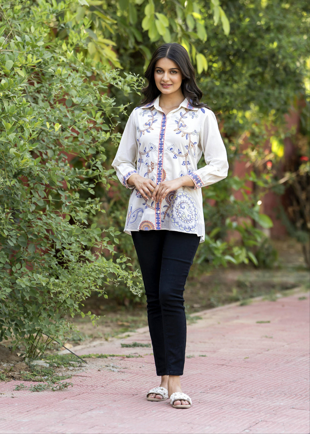 Garden Whispers Multicolor Embroidered White Pure Cotton Shirt Top