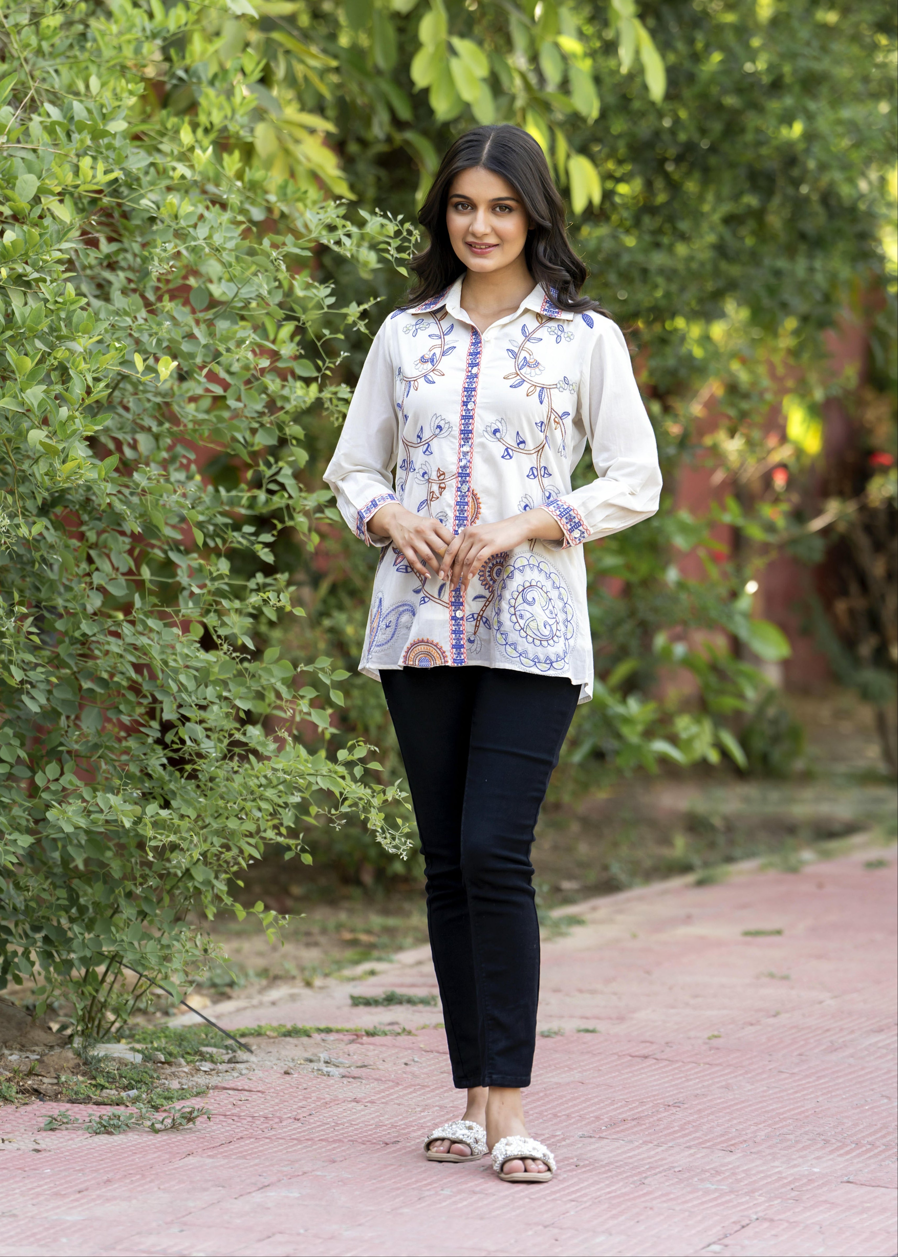 Garden Whispers Multicolor Embroidered White Pure Cotton Shirt Top