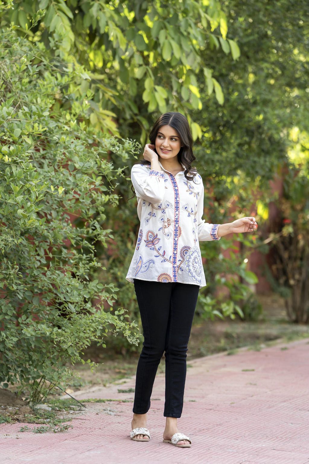 Garden Whispers Multicolor Embroidered White Pure Cotton Shirt Top