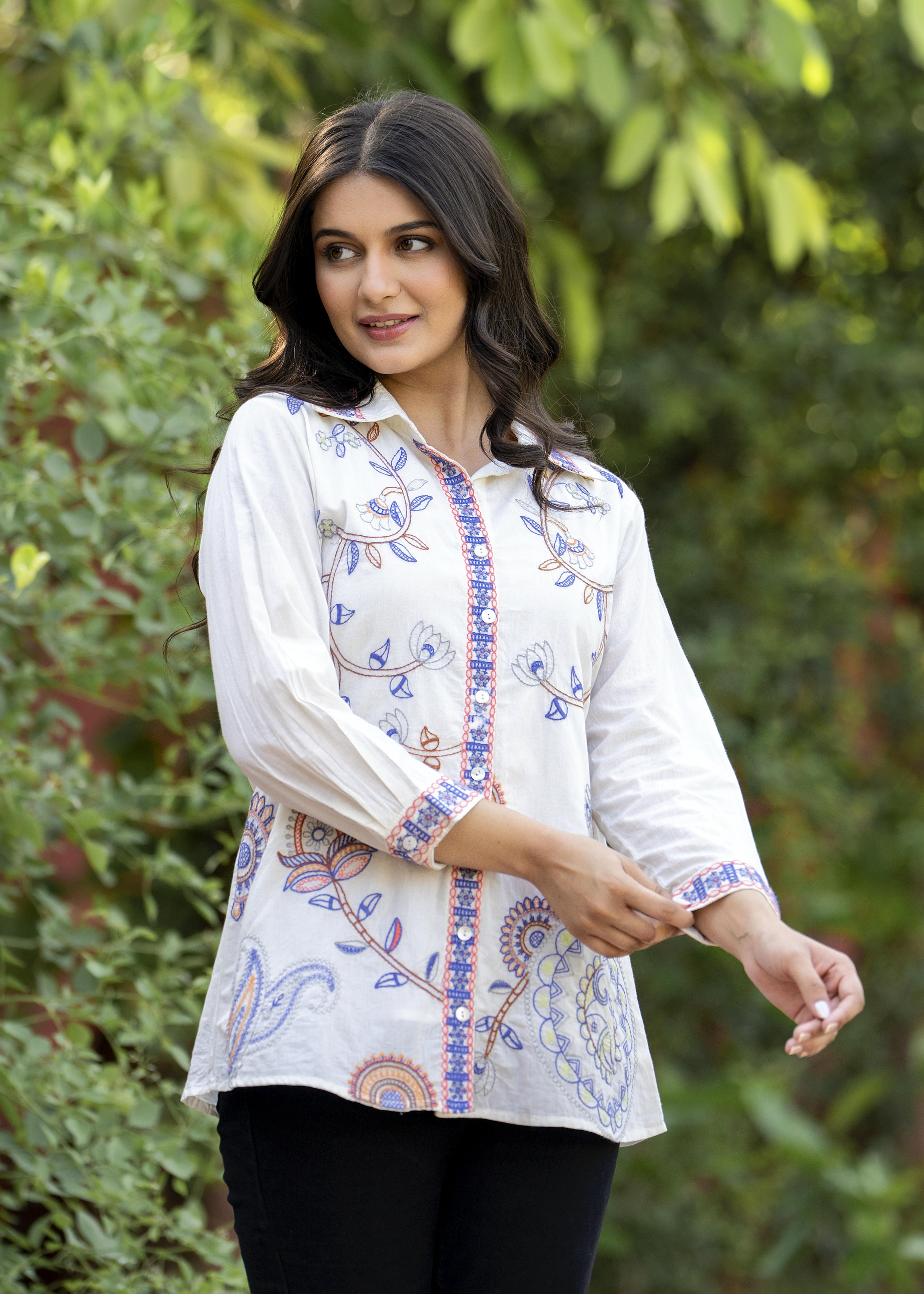 Garden Whispers Multicolor Embroidered White Pure Cotton Shirt Top