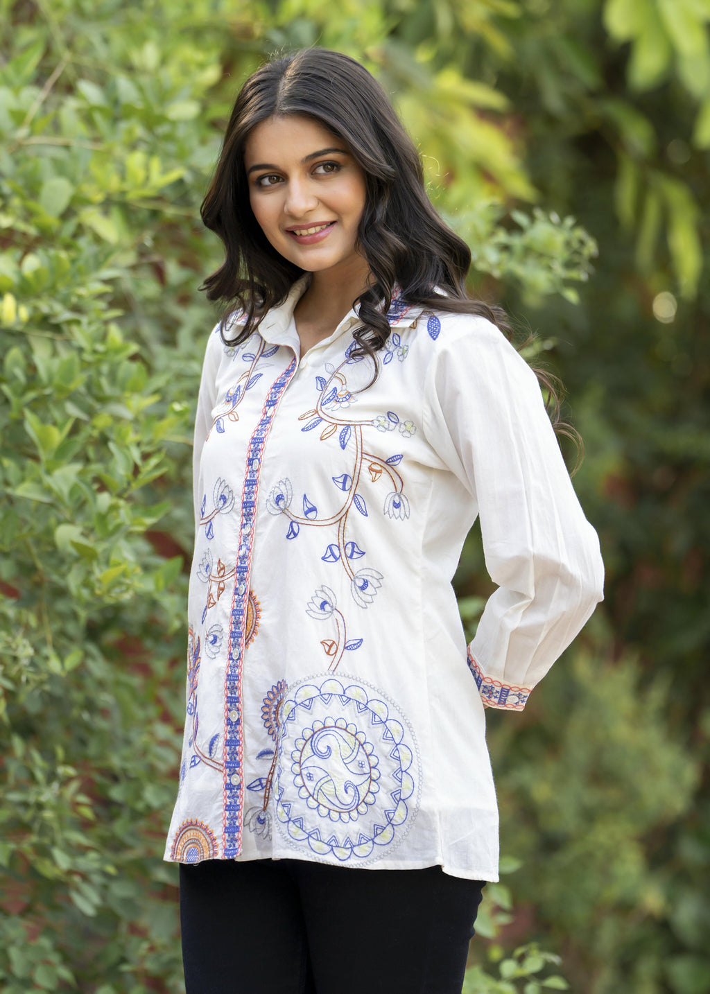 Garden Whispers Multicolor Embroidered White Pure Cotton Shirt Top