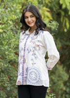 Garden Whispers Multicolor Embroidered White Pure Cotton Shirt Top
