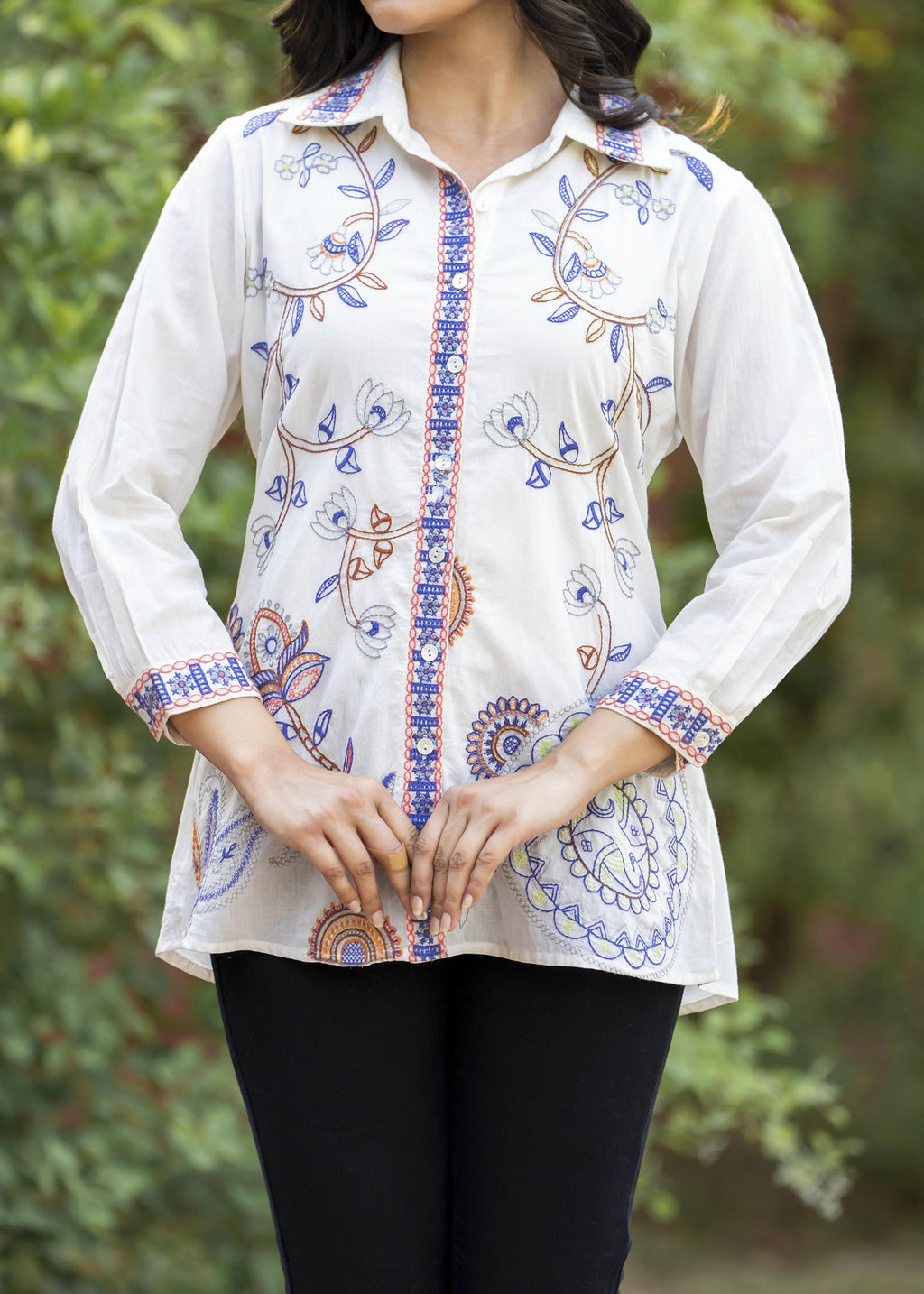 Garden Whispers Multicolor Embroidered White Pure Cotton Shirt Top
