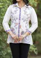 Garden Whispers Multicolor Embroidered White Pure Cotton Shirt Top