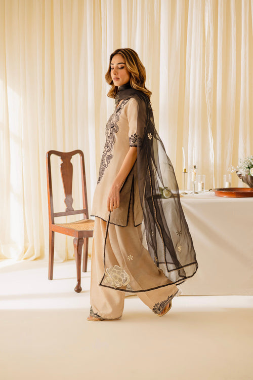 "Elegant Beige Kurta Set with Intricate Black Embroidery and Chiffon Dupatta"