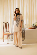 "Elegant Beige Kurta Set with Intricate Black Embroidery and Chiffon Dupatta"