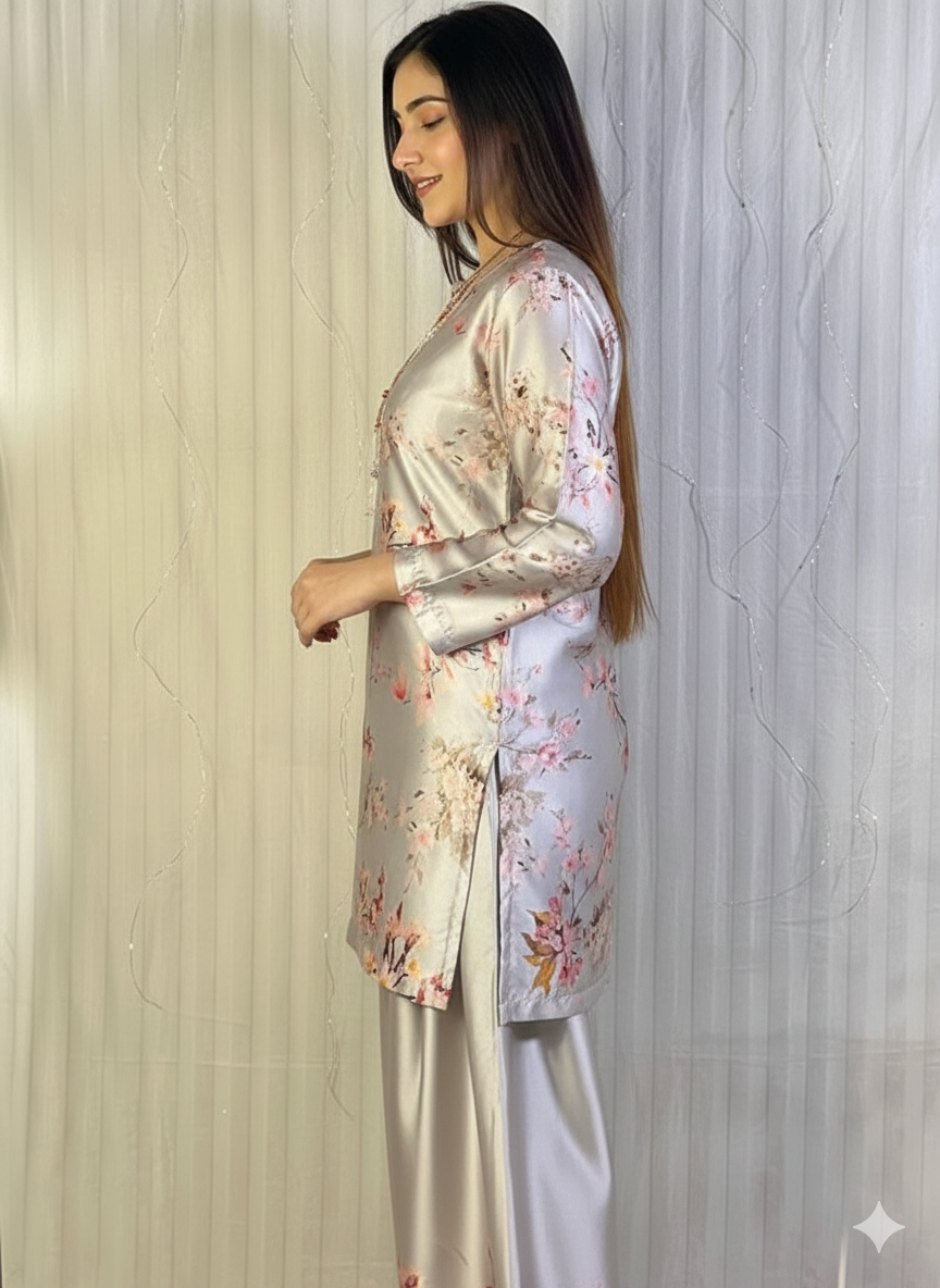 Chic Floral Printed Satin Co-ord Set