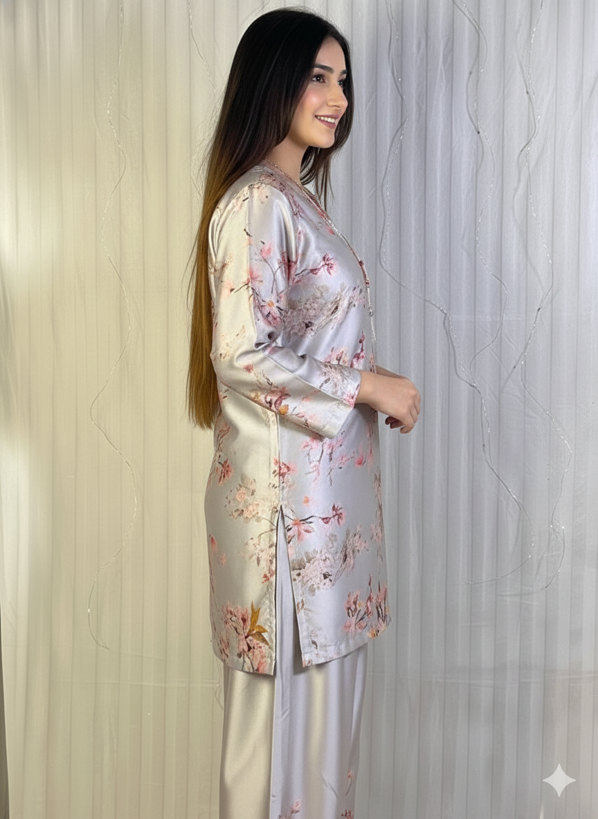 Chic Floral Printed Satin Co-ord Set