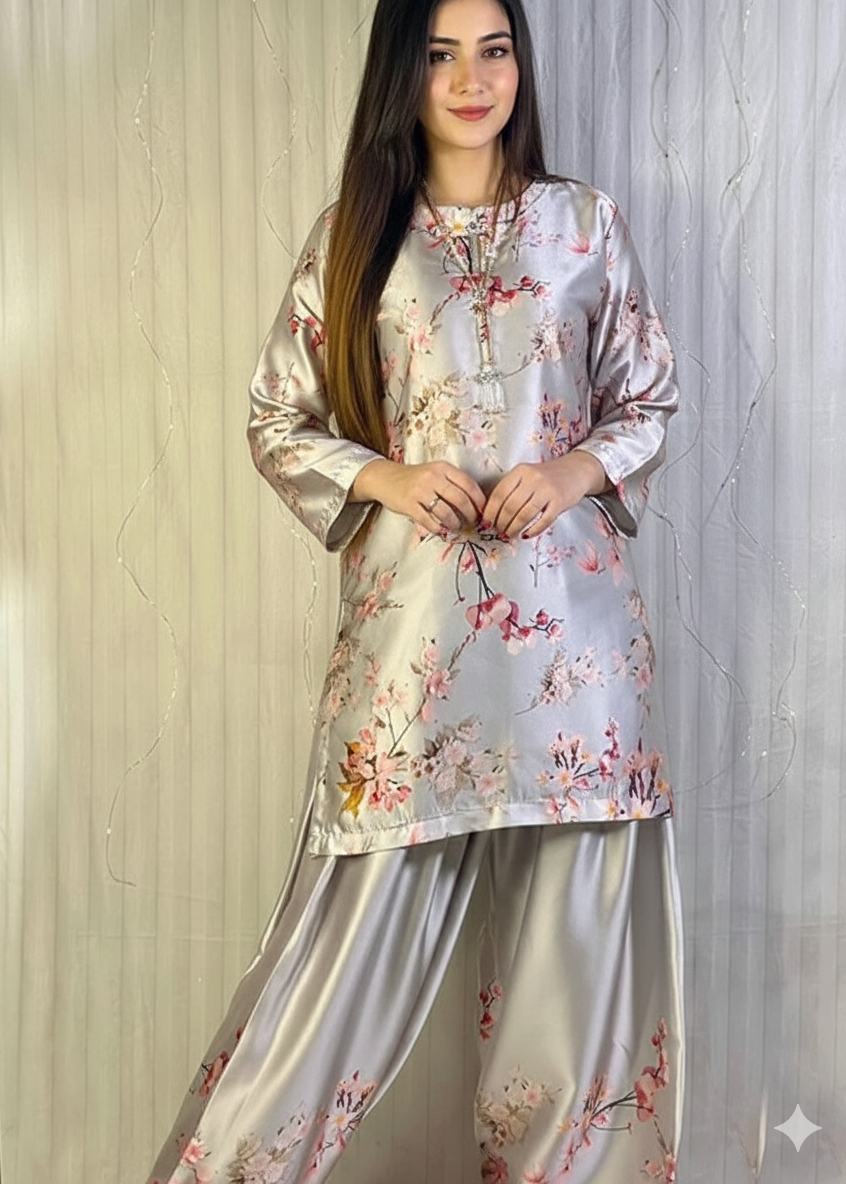 Chic Floral Printed Satin Co-ord Set
