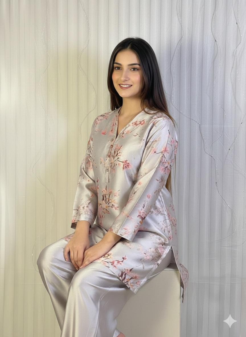 Chic Floral Printed Satin Co-ord Set