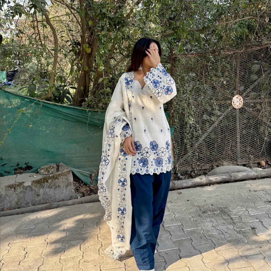 Ivory Blue Floral Suit Set