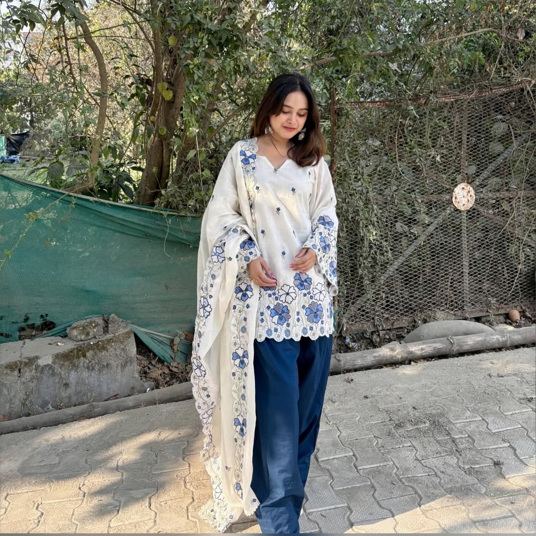 Ivory Blue Floral Suit Set