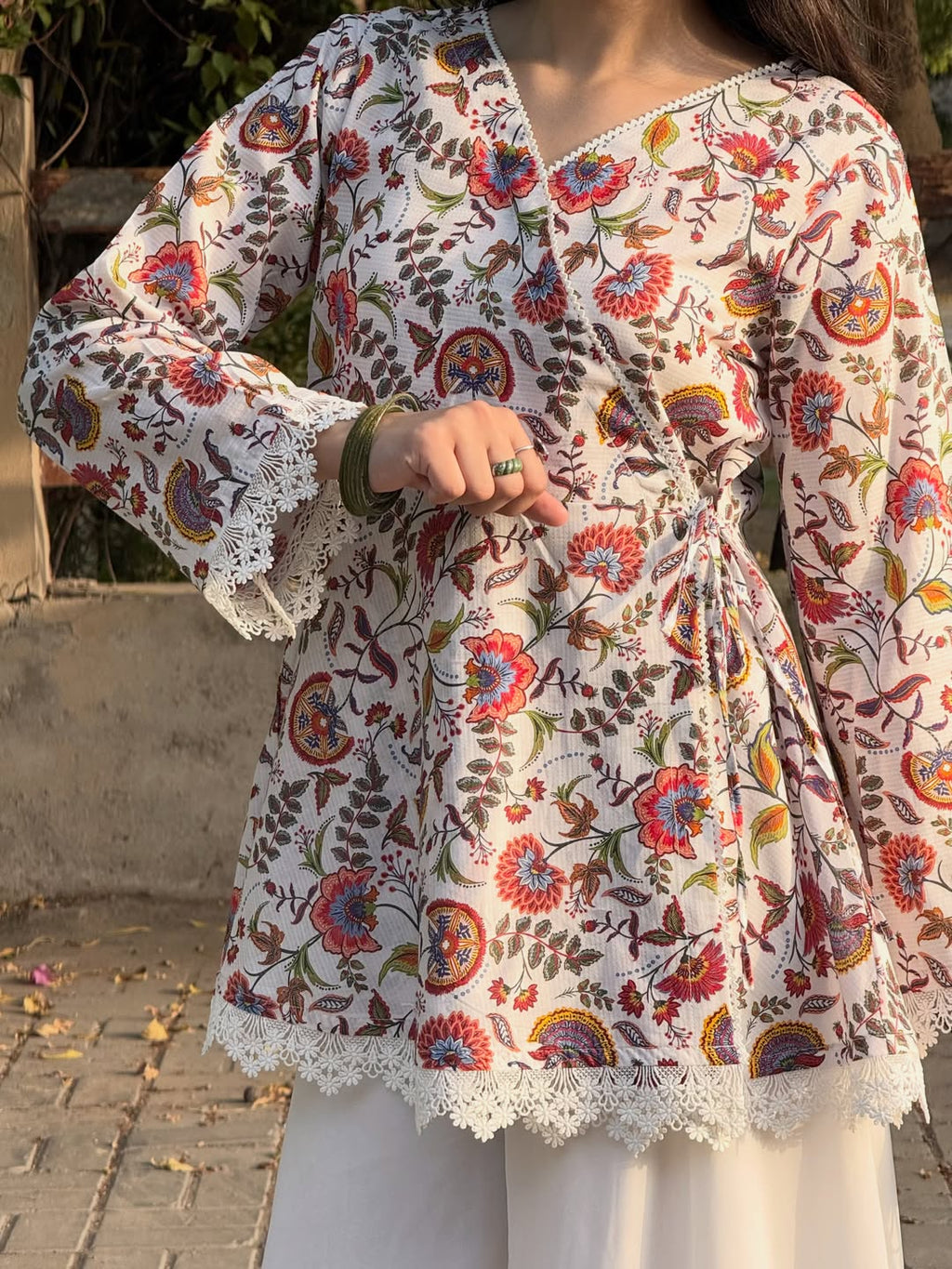 Rumisha Floral Wrap Kurti & White Farshi Palazzo Set