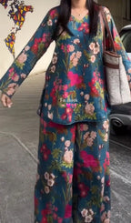 Luxury Blue Floral Kurta Palazzo Co-Ord Set