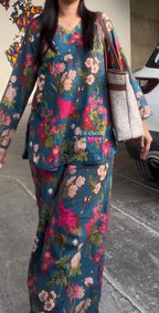 Luxury Blue Floral Kurta Palazzo Co-Ord Set