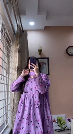 Lilac Floral Printed Cotton Peplum 3-Piece Kurta Set