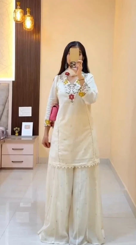 Elegant White Floral Embroidered Ethnic Suit Set