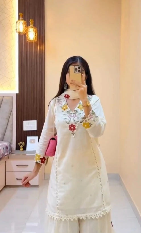Elegant White Floral Embroidered Ethnic Suit Set