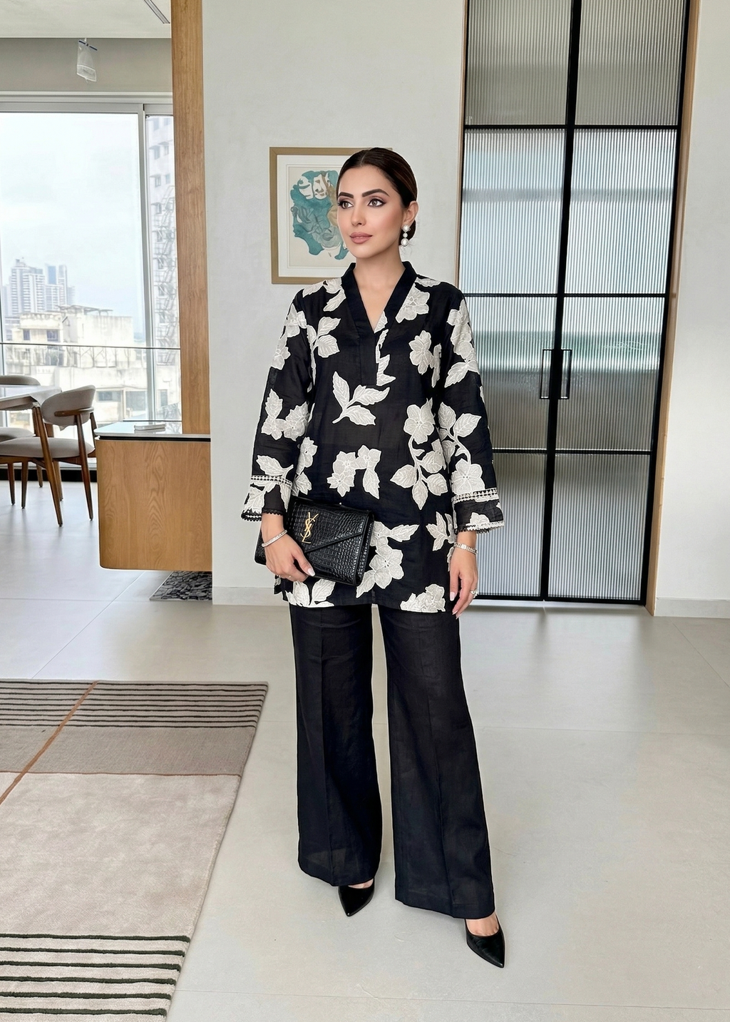 Black Floral Cutwork Embroidered  Co-ord Set