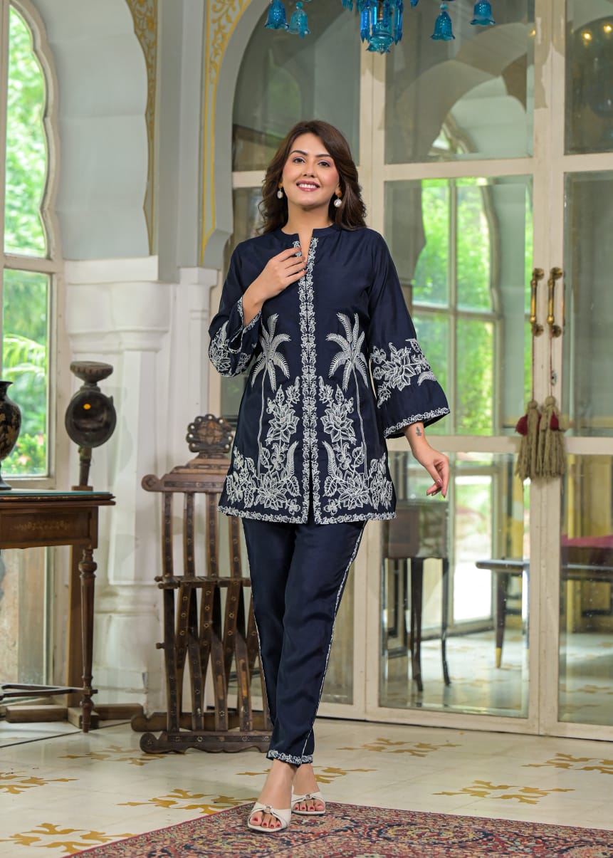 Blue Floral & Palm Tree Motif Embroidered Co-ord Set