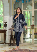 Blue Floral & Palm Tree Motif Embroidered Co-ord Set