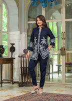 Blue Floral & Palm Tree Motif Embroidered Co-ord Set