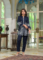 Blue Floral & Palm Tree Motif Embroidered Co-ord Set