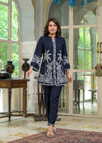 Blue Floral & Palm Tree Motif Embroidered Co-ord Set