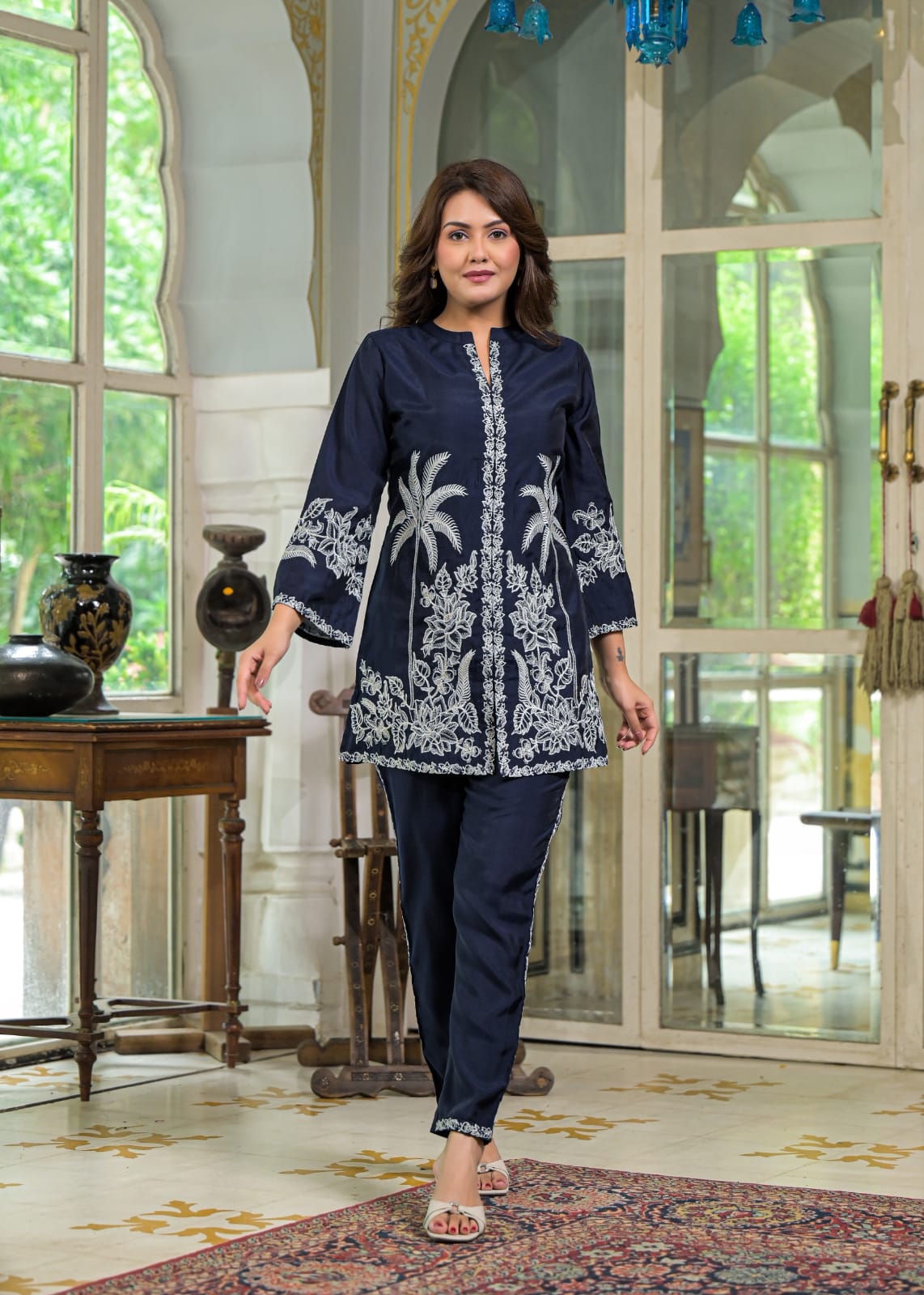 Blue Floral & Palm Tree Motif Embroidered Co-ord Set