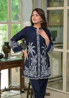 Blue Floral & Palm Tree Motif Embroidered Co-ord Set