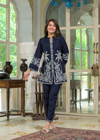 Blue Floral & Palm Tree Motif Embroidered Co-ord Set