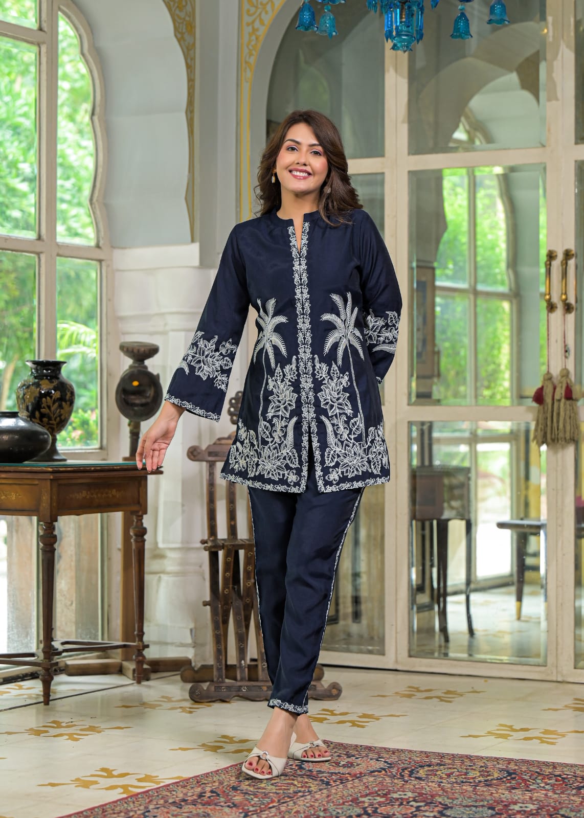 Blue Floral & Palm Tree Motif Embroidered Co-ord Set