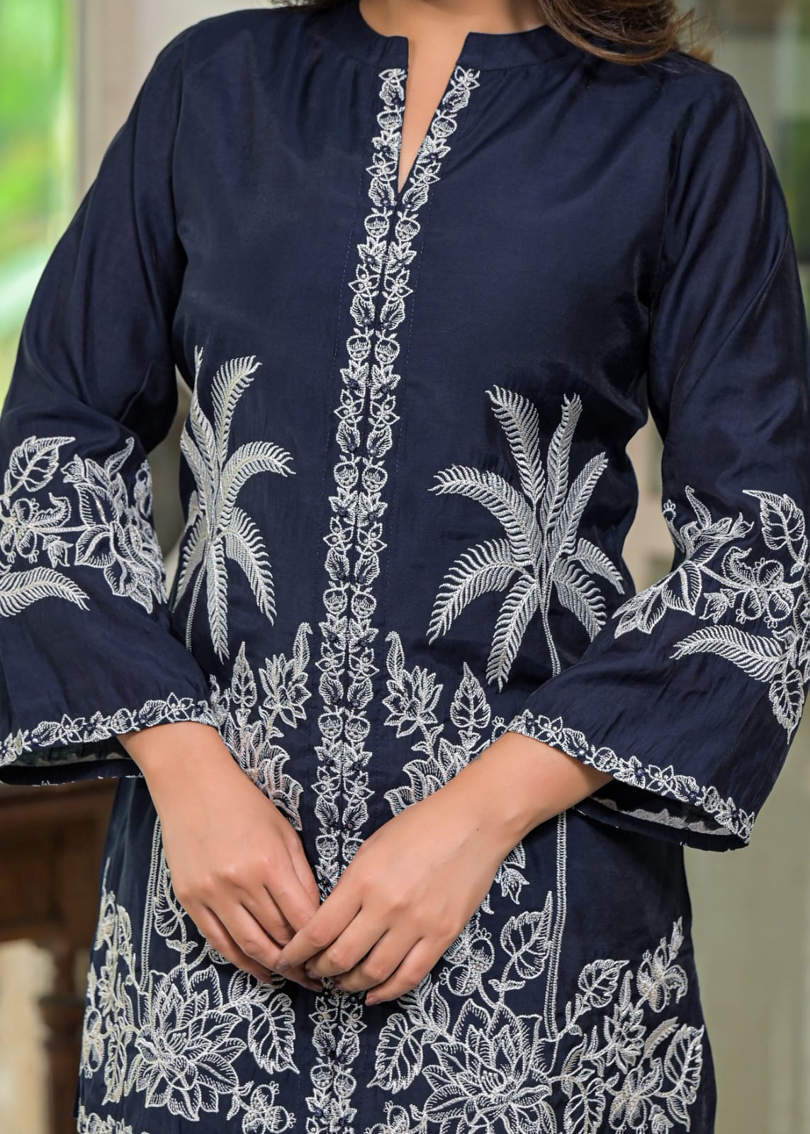 Blue Floral & Palm Tree Motif Embroidered Co-ord Set