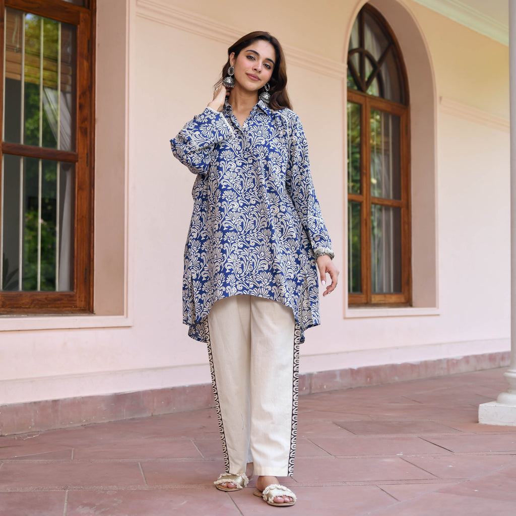 Blue Flower Texture Printed Co-ord Set