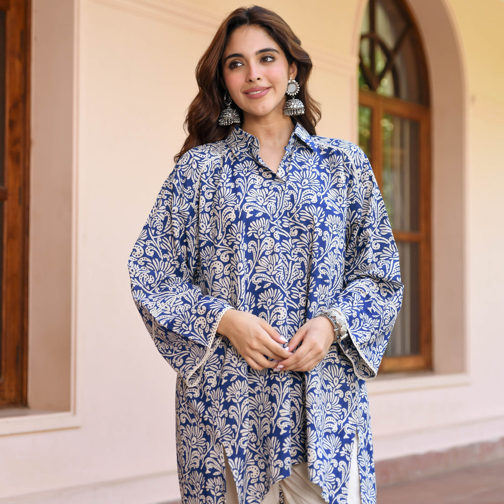 Blue Flower Texture Printed Co-ord Set