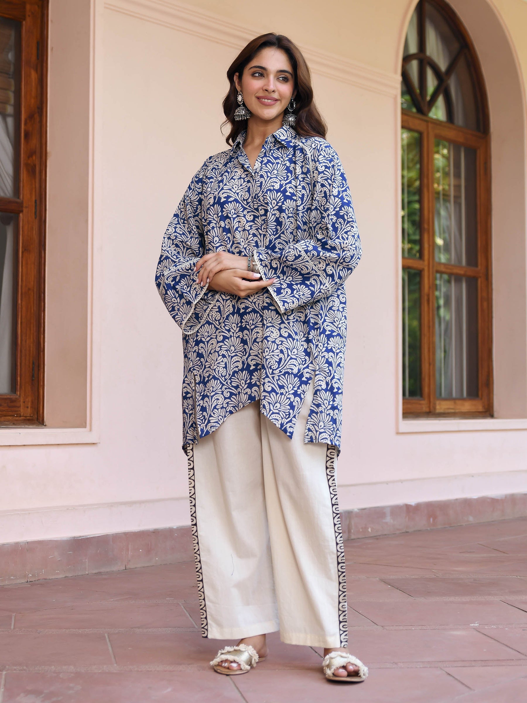Blue Flower Texture Printed Co-ord Set