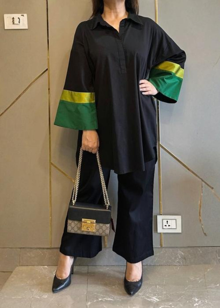 Black Farshi Suit Set With Deep Green and Lime Yellow Sleeve for Women