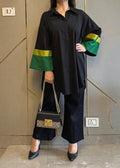 Black Farshi Suit Set With Deep Green and Lime Yellow Sleeve for Women