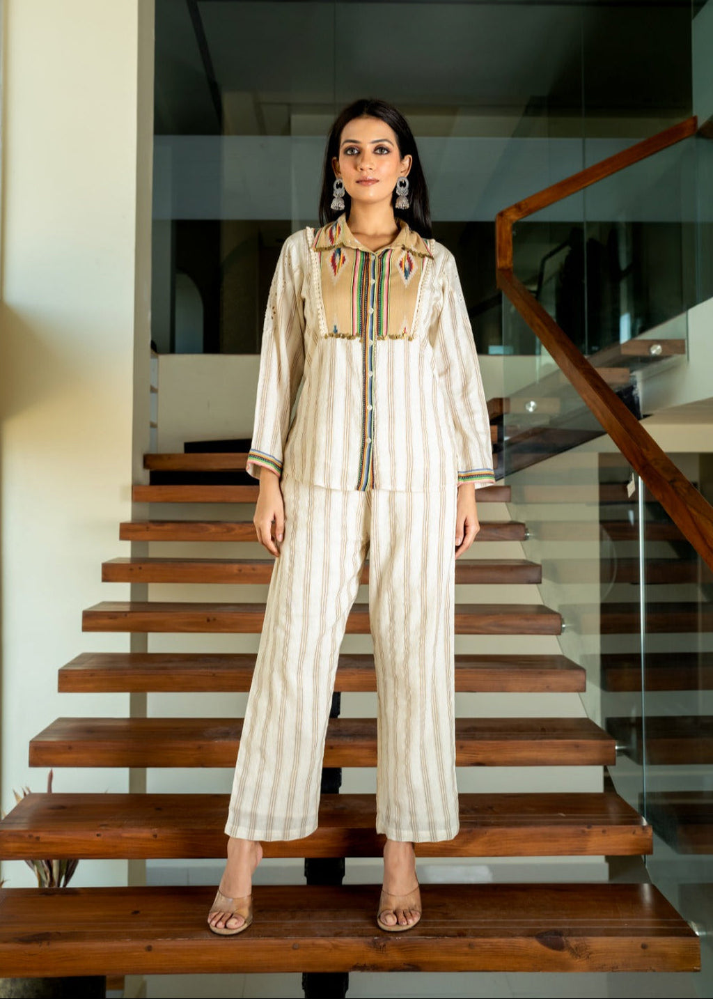 Elegant Beige Striped Stylish Co-ord Set