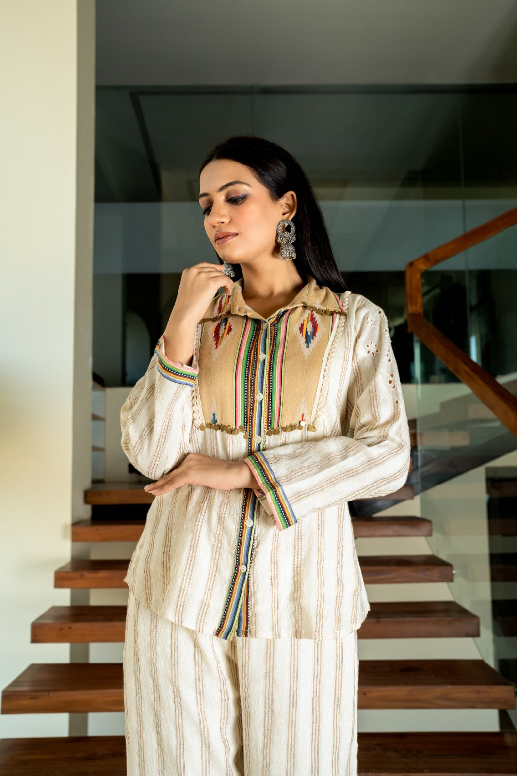 Elegant Beige Striped Stylish Co-ord Set