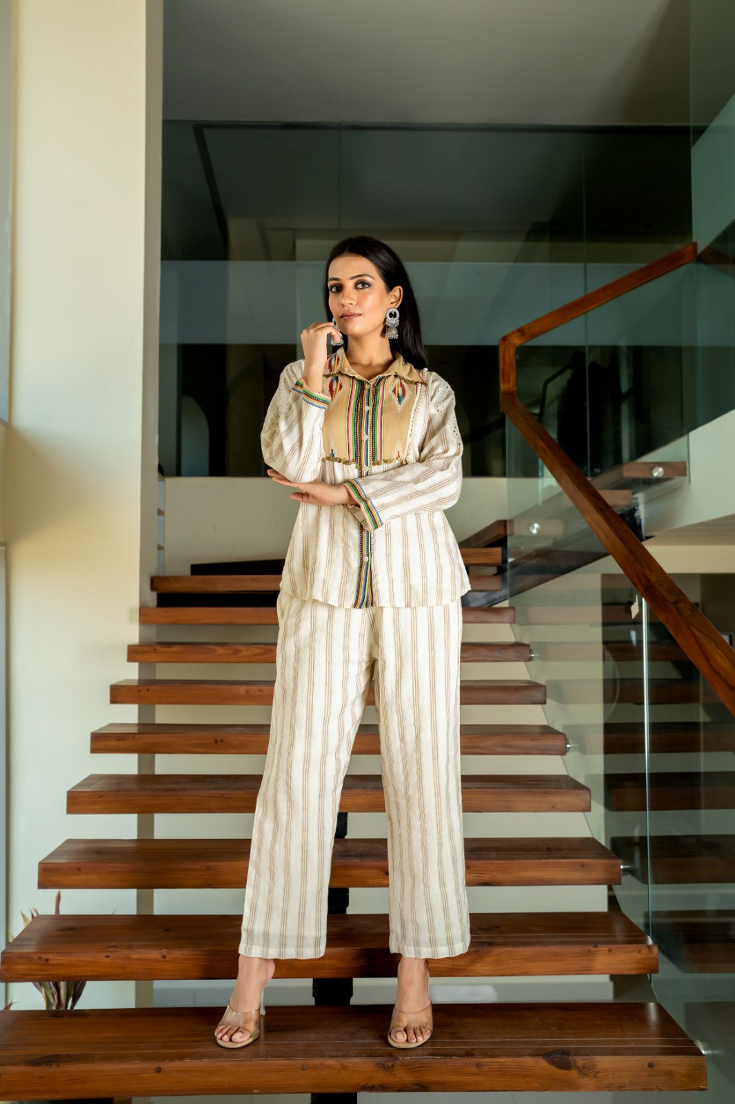 Elegant Beige Striped Stylish Co-ord Set